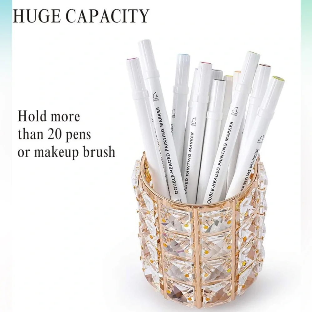 Makeup Brush Caddy/Holder - Set of 2 Round Gold-tone with Crystal Accents